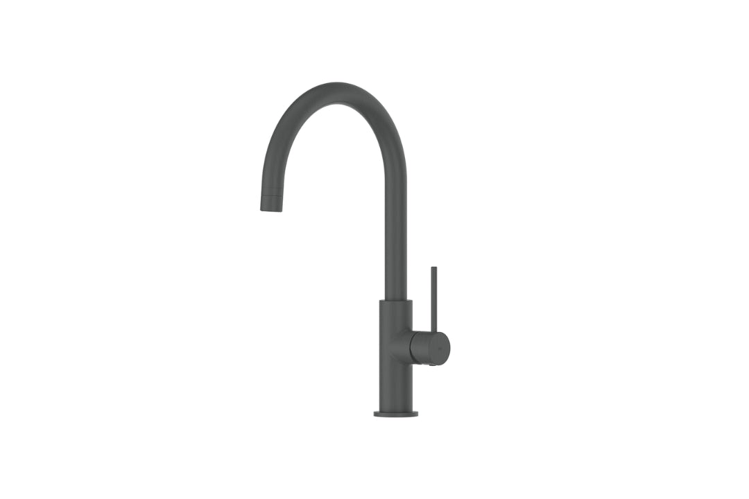 Maci Gooseneck Sink Mixer in Gunmetal – sculptural gunmetal mixer tap for premium kitchen designs