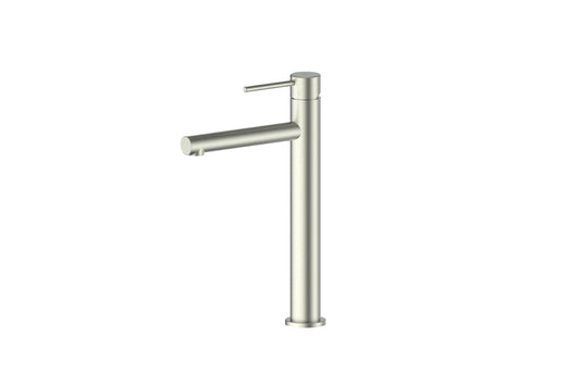 Maci Tower Basin Mixer in Brushed Nickel – brushed nickel vessel tap for minimalist bathroom interiors