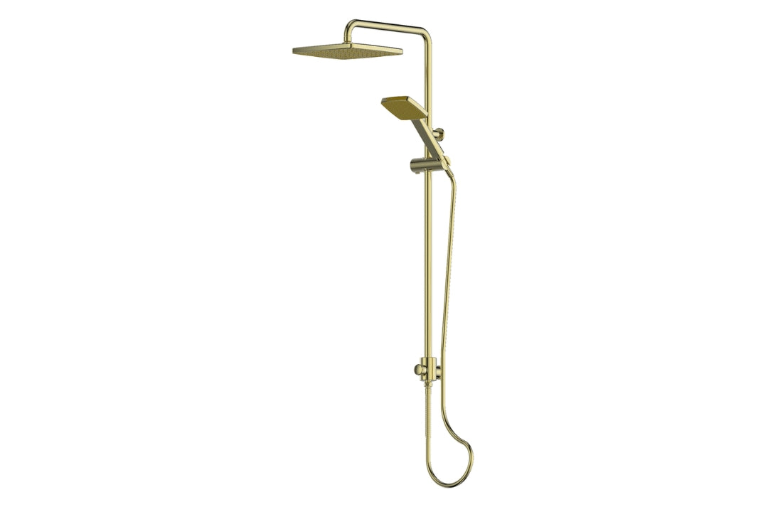 Glide Syntra RainBoost Twin Rail Shower in Brushed Brass – square brushed brass shower for designer bathrooms