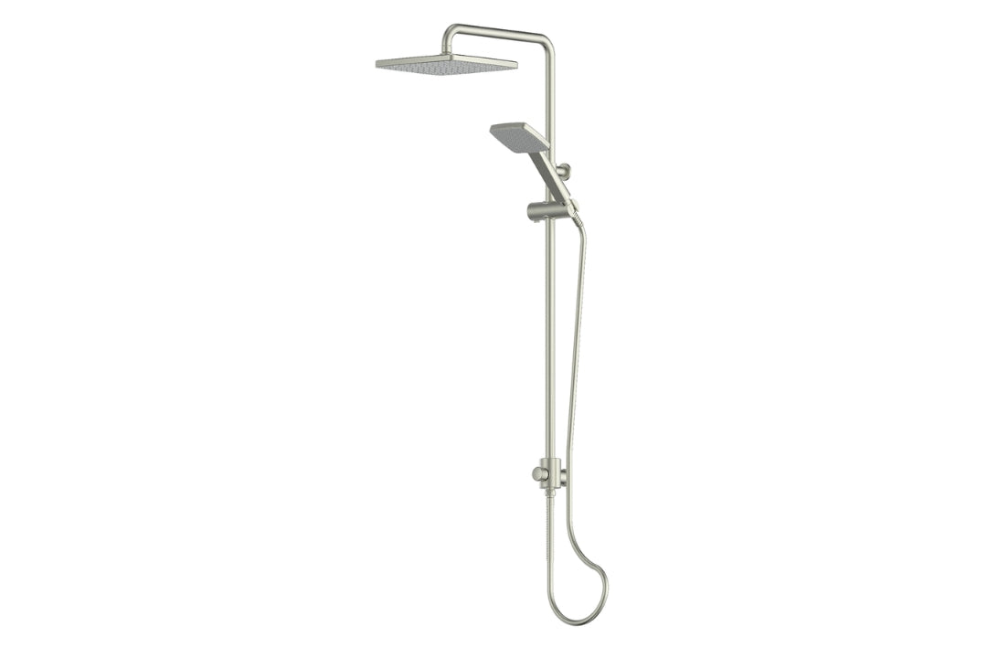 Glide Syntra RainBoost Twin Rail Shower in Brushed Nickel – square brushed nickel twin rail shower for architectural projects