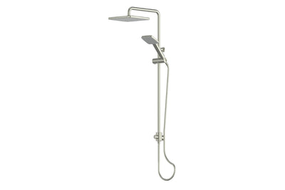 Glide Syntra RainBoost Twin Rail Shower in Brushed Nickel – square brushed nickel twin rail shower for architectural projects
