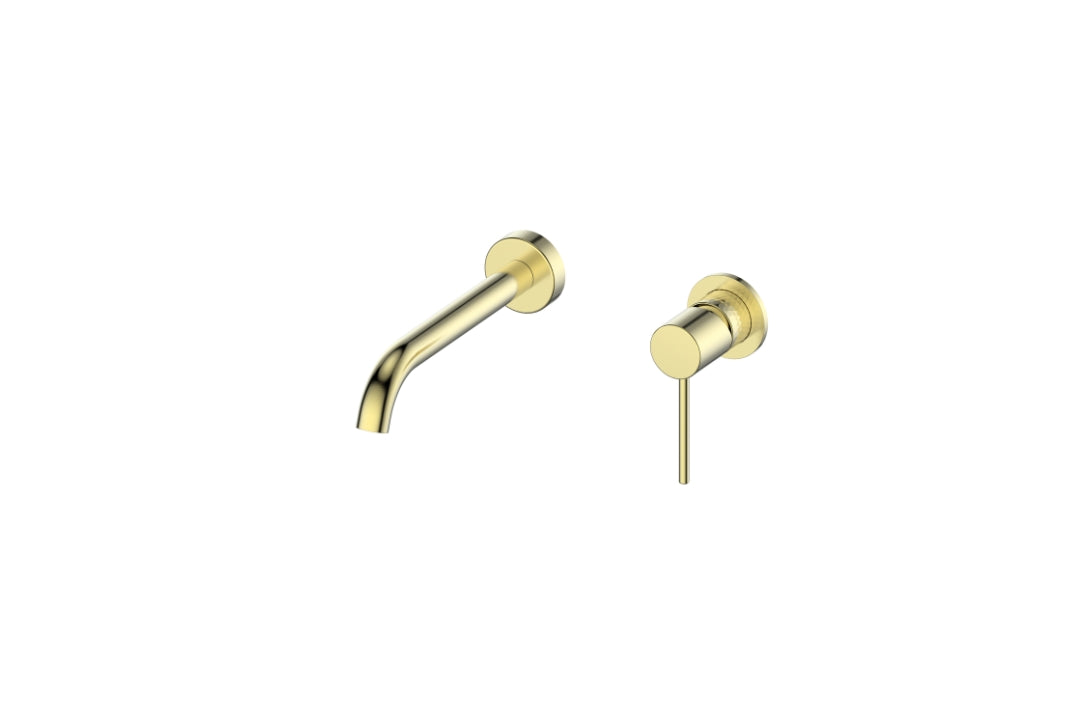 Tesora Wall Basin Mixer in Brushed Brass – brushed brass wall-mounted mixer for luxury architectural bathroom designs