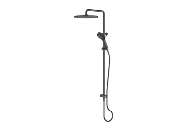 Lavish BubbleJET Twin Rail Shower in Gunmetal – bold gunmetal twin rail shower for architectural interiors