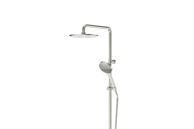 Lavish Brass Twin Rail Shower in Brushed Nickel – modern brushed nickel shower with architectural appeal