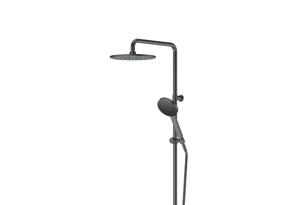Lavish Brass Twin Rail Shower in Gunmetal – gunmetal twin rail shower designed for bold bathroom aesthetics