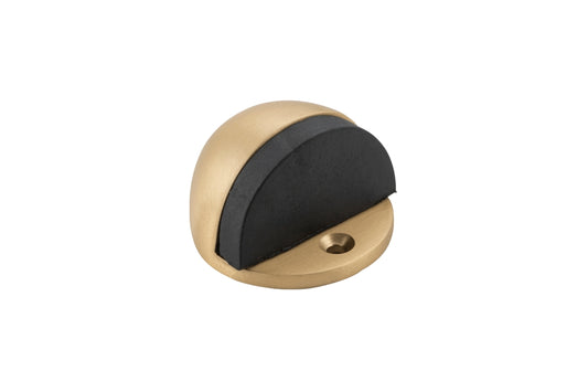 Satin Brass Oval Door Stop 40mm – Solid brass architectural door stop with rubber buffer.