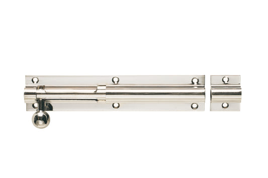 Product picture of the Zanda Architectural Hardware Brushed Nickel Barrel Bolt 150mm on a white background.