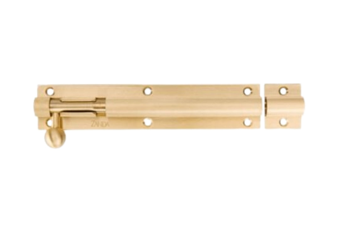 Product picture of the Zanda Satin Brass Barrel Bolt 150mm on a white background.