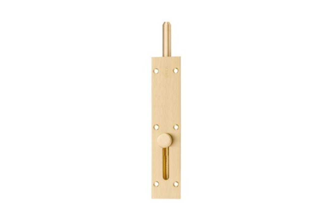 Product image of the Satin Brass Reverse Barrel Bolt 150mm on a white background.