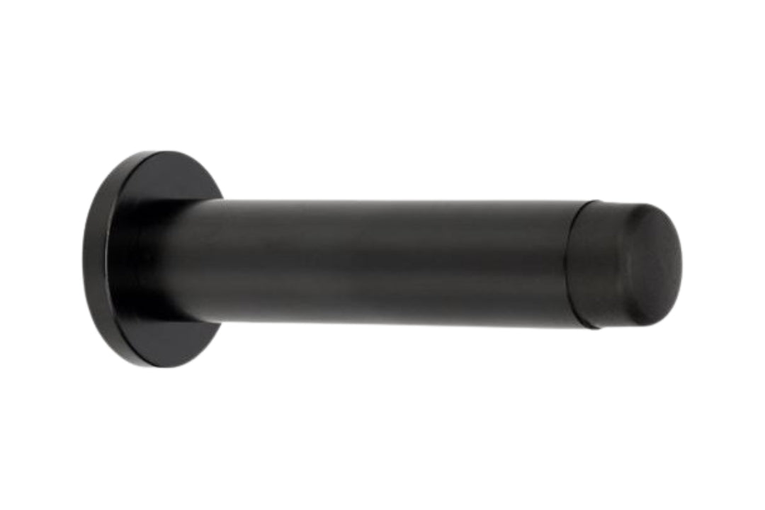 Product image of the Matt Black Pencil Door Stop 85mm on a white background.