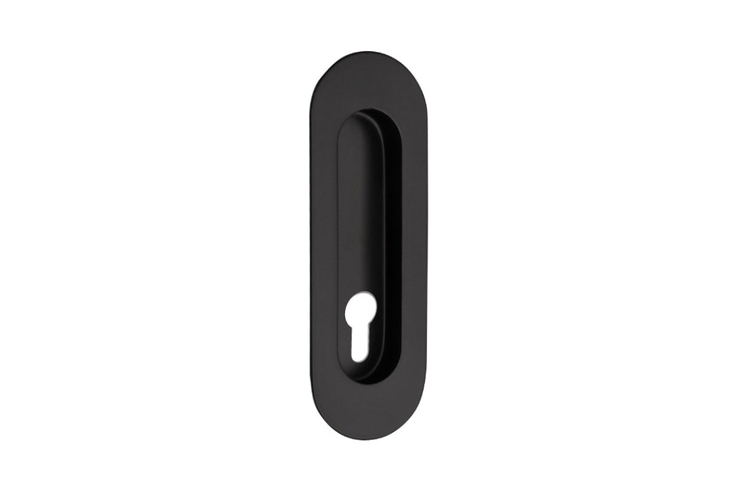 Product picture of the Duke Matt Black Flush Pull 120x40mm with euro cut out on a white background.