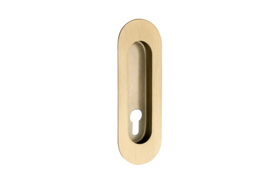 Product picture of the Duke Satin Brass Flush Pull 120x40mm with euro cut out on a white background