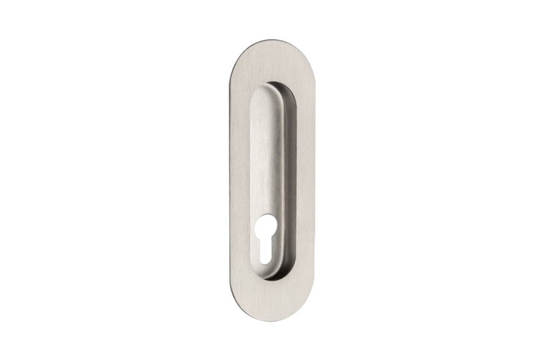 Product picture of the Duke Stainless Steel Flush Pull 120x40mm with euro cut out on a white background.
