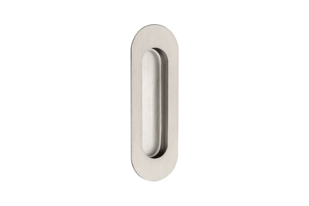 Product picture of the Duke Stainless Steel Flush Pull 120x40mm on a white background.