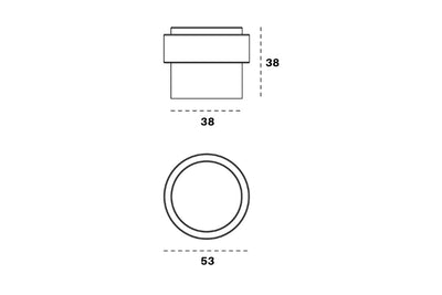 Black architectural line drawing with measurements of the Satin Brass Round Floor Door Stop 38mm on a white background.