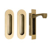 Product picture of the Duke Satin Brass Flush Pull 120x40mm Passage Kit on a white background.