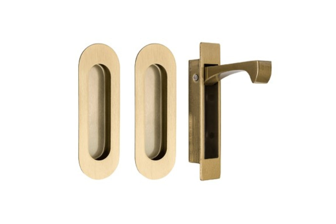 Product picture of the Duke Satin Brass Flush Pull 120x40mm Passage Kit on a white background.
