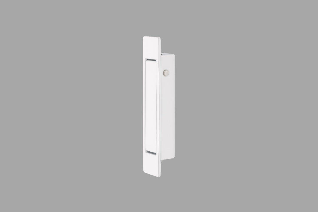 Product picture of the White Sliding Door Edge Pull in the closed position on a grey background.
