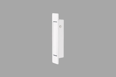 Product picture of the White Sliding Door Edge Pull in the closed position on a grey background.