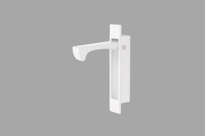 Product picture of the White Sliding Door Edge Pull in the open position on a grey background.
