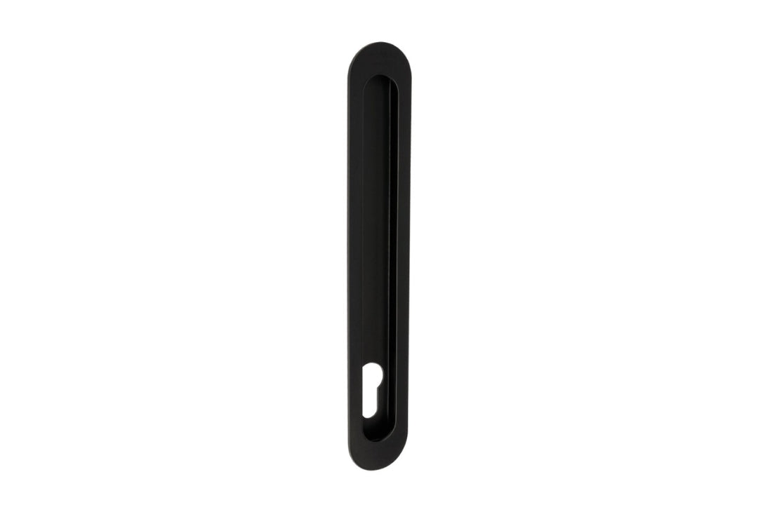 Product image of the Zanda Duke Matt Black Flush Pull Euro 250x40mm on a white background.