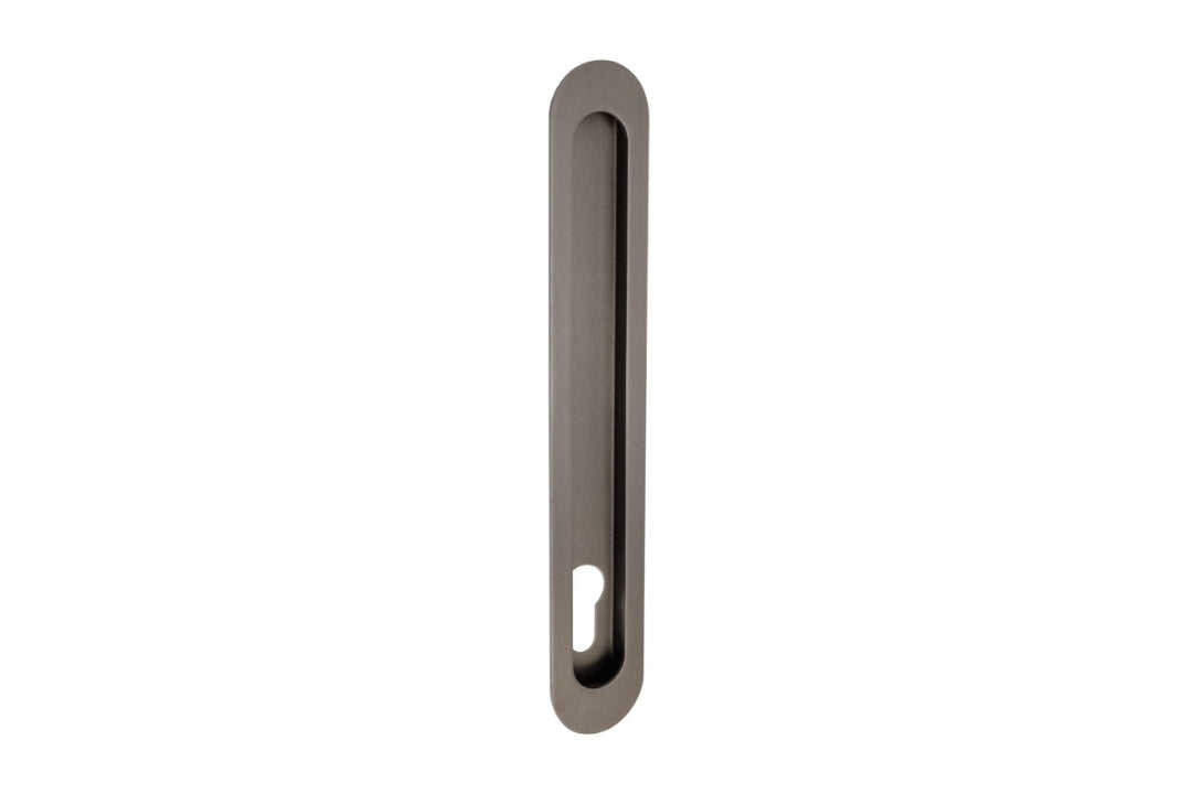 Product image of the Zanda Duke Graphite Nickel Flush Pull Euro 250x40mm on a white background.