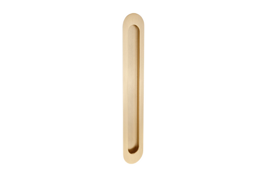 Product picture of the Duke Satin Brass Flush Pull 250x40mm on a white background.
