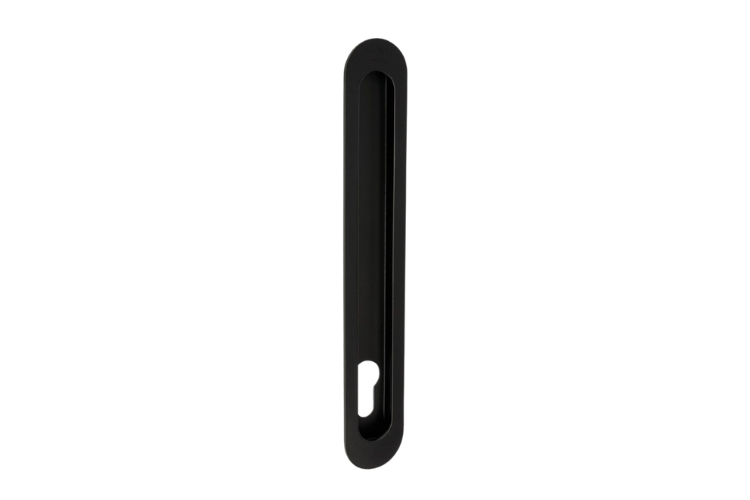 Product picture of the Duke Matt Black Flush Pull 250x40mm with euro cut out on a white background.