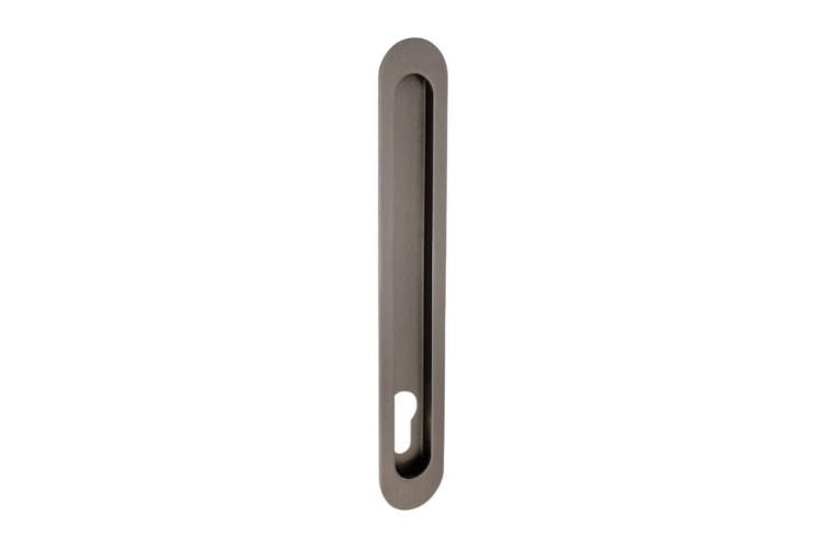 Product picture of the Duke Gun Metal Grey Flush Pull 250x40mm with euro cut out on a white background.
