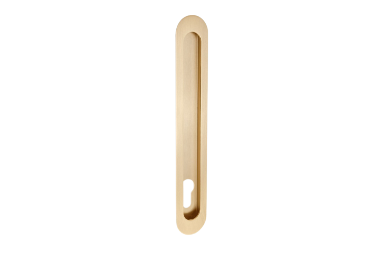 Product picture of the Duke Satin Brass Flush Pull 250x40mm with euro cut out on a white background.