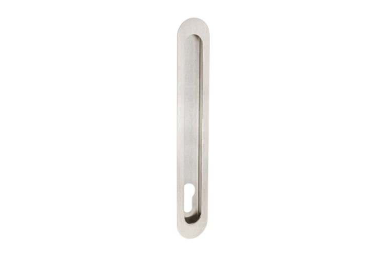 Product picture of the Duke Stainless Steel Flush Pull 250x40mm with euro cut out on a white background.