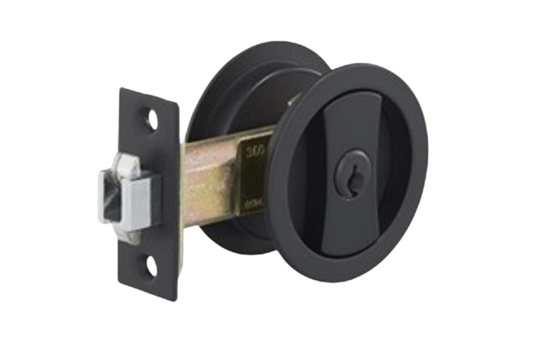 Product image of the Round Matt Black Cavity Locking Kit on a white background.