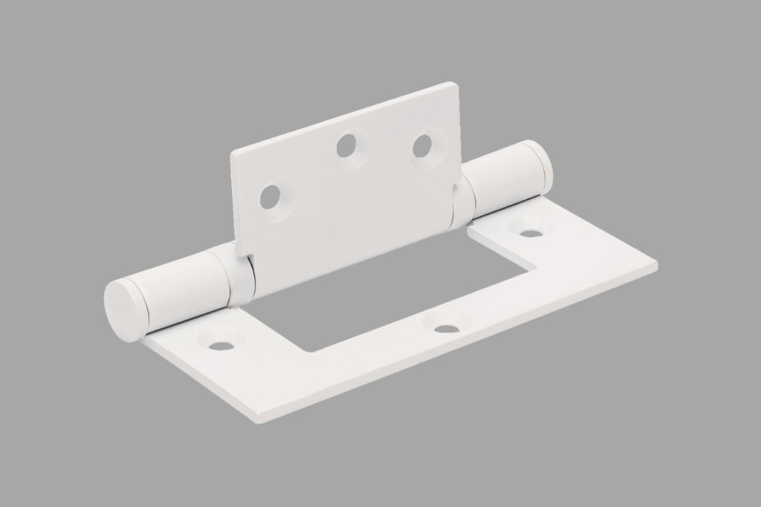 Product picture of the White Fast Fix Bearing Hinge on a grey background.