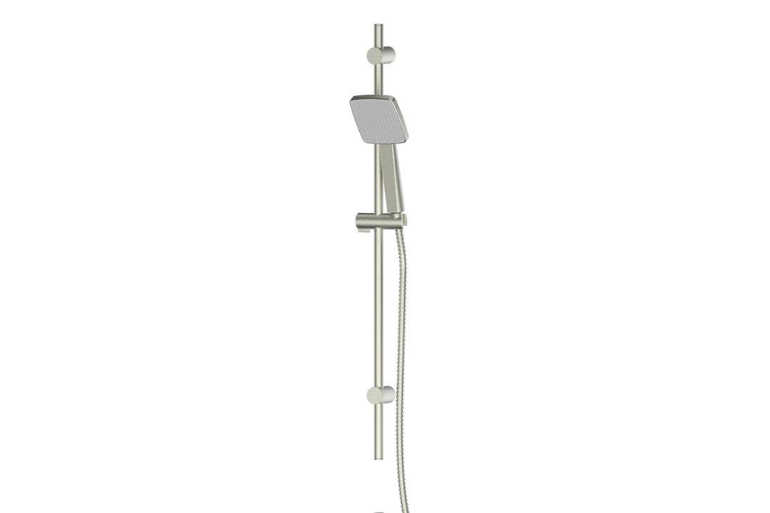 Glide Syntra RainBoost Rail Shower in Brushed Nickel – brushed nickel square shower with RainBoost® technology.