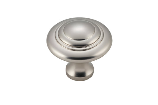 Product picture of the Tradco Domed Cabinet Knob 32mm Satin Nickel on a white background.