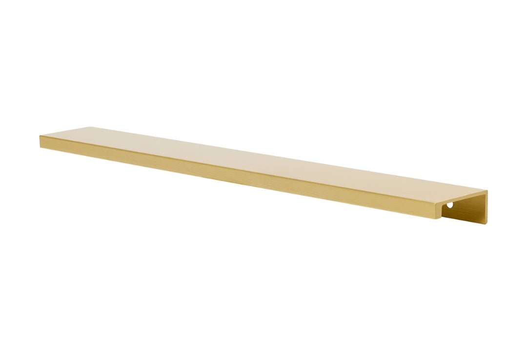 Product picture of the 300mm Satin Brass Lip Pull on a white background.