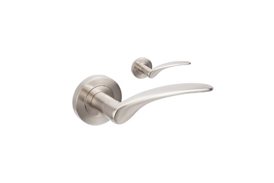Product image of the Zanda Apollo Door Handle on Round Rose Brushed Nickel Lever Set Only on a white background.