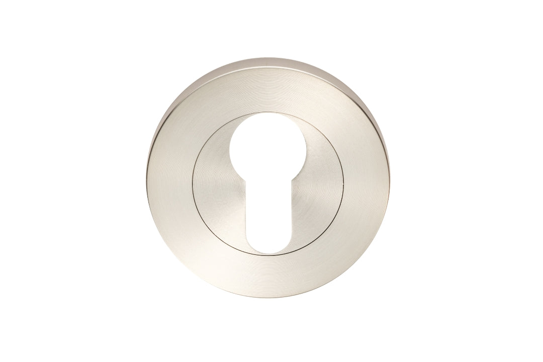 Product picture of the 7020.2.BN Round Euro Escutcheon Pair 55mm in Brushed Nickel on a white background.