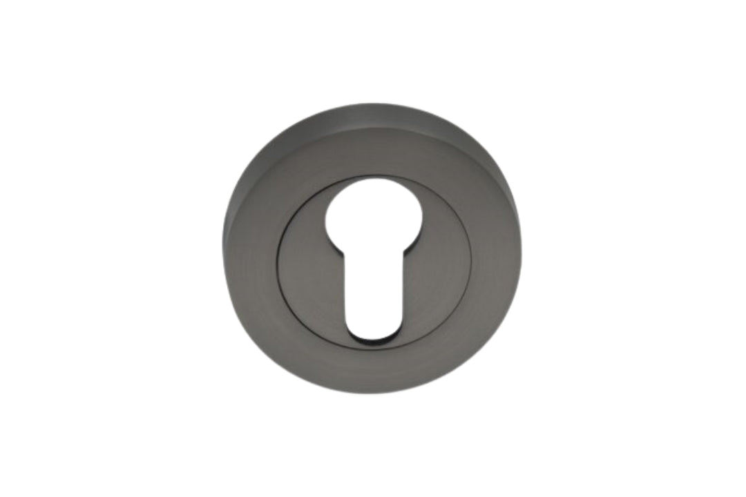 Product picture of the 7020.2.GN Round Euro Escutcheon Pair 55mm in Gun Metal Grey on a white background.