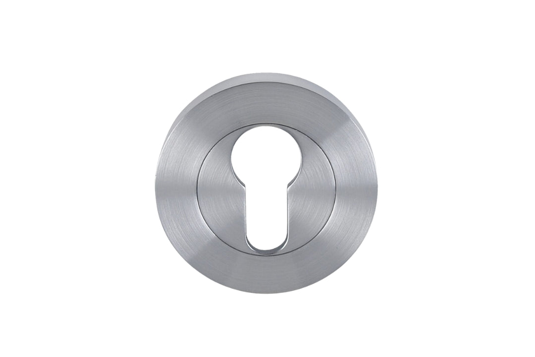 Product picture of the 7020.2.SC Round Euro Escutcheon Pair 55mm in Satin Chrome on a white background.