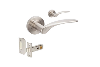 Product image of the Zanda Apollo Door Handle on Round Rose Brushed Nickel Passage Set on a white background.