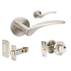 Product image of the Zanda Apollo Door Handle on Round Rose Brushed Nickel Privacy Set w/separate kit on a white background.