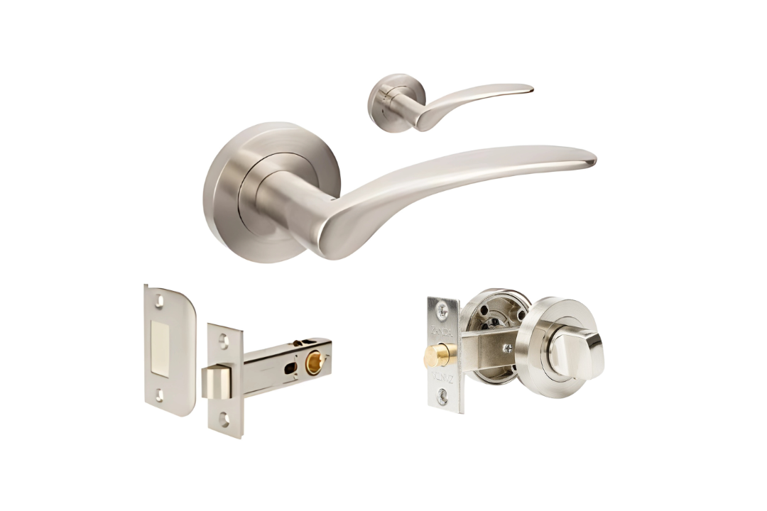Product image of the Zanda Apollo Door Handle on Round Rose Brushed Nickel Privacy Set w/separate kit on a white background.
