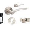 Product image of the Zanda Apollo Door Handle on Round Rose Brushed Nickel 60mm Key/Turn Entry Set on a white background.