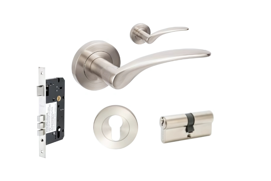 Product image of the Zanda Apollo Door Handle on Round Rose Brushed Nickel 70mm Key/Key Entry Set on a white background.