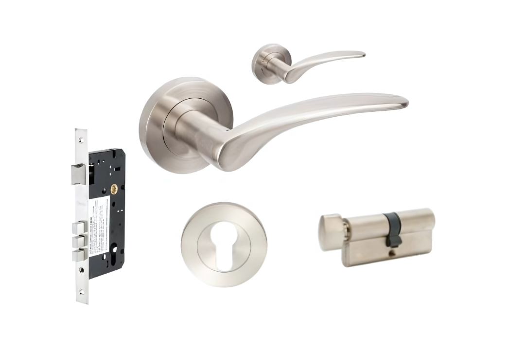 Product image of the Zanda Apollo Door Handle on Round Rose Brushed Nickel 70mm Key/Turn Entry Set on a white background.