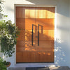 Exterior view of the 7100 Polo Pull Handle installed on a brown wooden door with plants to the left side and a window to the right side.