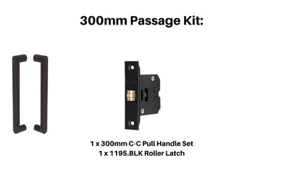Product picture of the Duke Matt Black Pull Handle 300mm Passage Kit on a white background.
