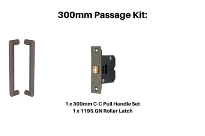Product picture of the Zanda Duke Graphite Nickel Pull Handle 300mm Passage Kit on a white background.