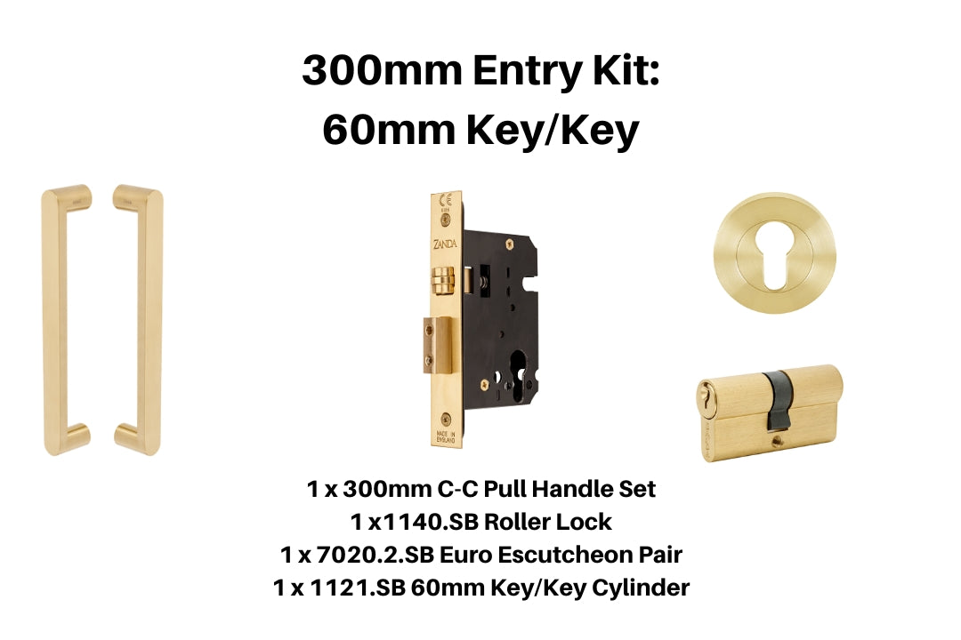 Product picture of the Duke Satin Brass Pull Handle 300mm Entry Kit 1 on a white background.